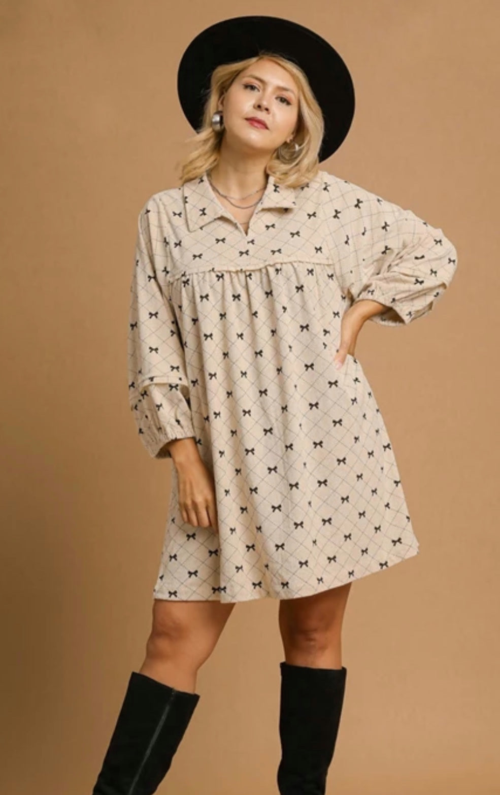 Umgee Corduroy Cream Bow Dress