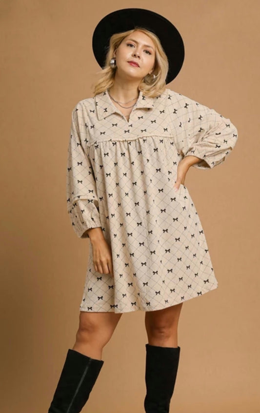 Umgee Corduroy Cream Bow Dress