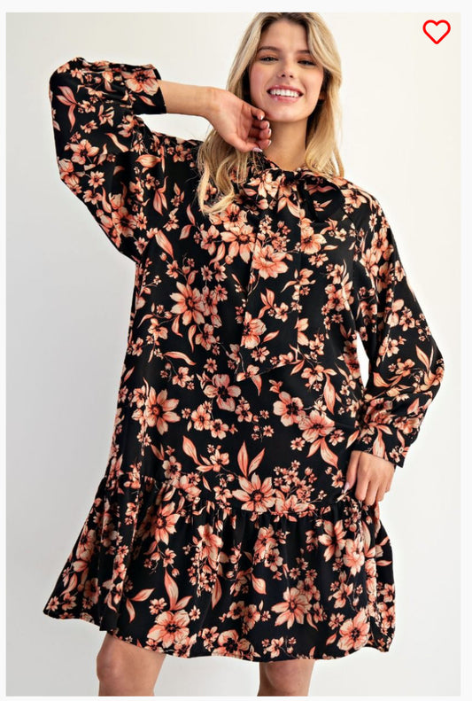 Easel Mock Tie Printed Ruffle Bottom Dress
