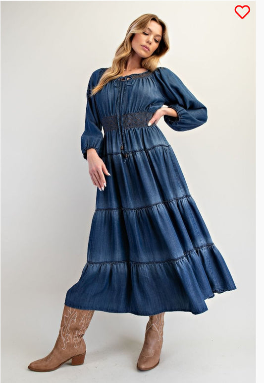 Easel Tiered Denim Long Dress