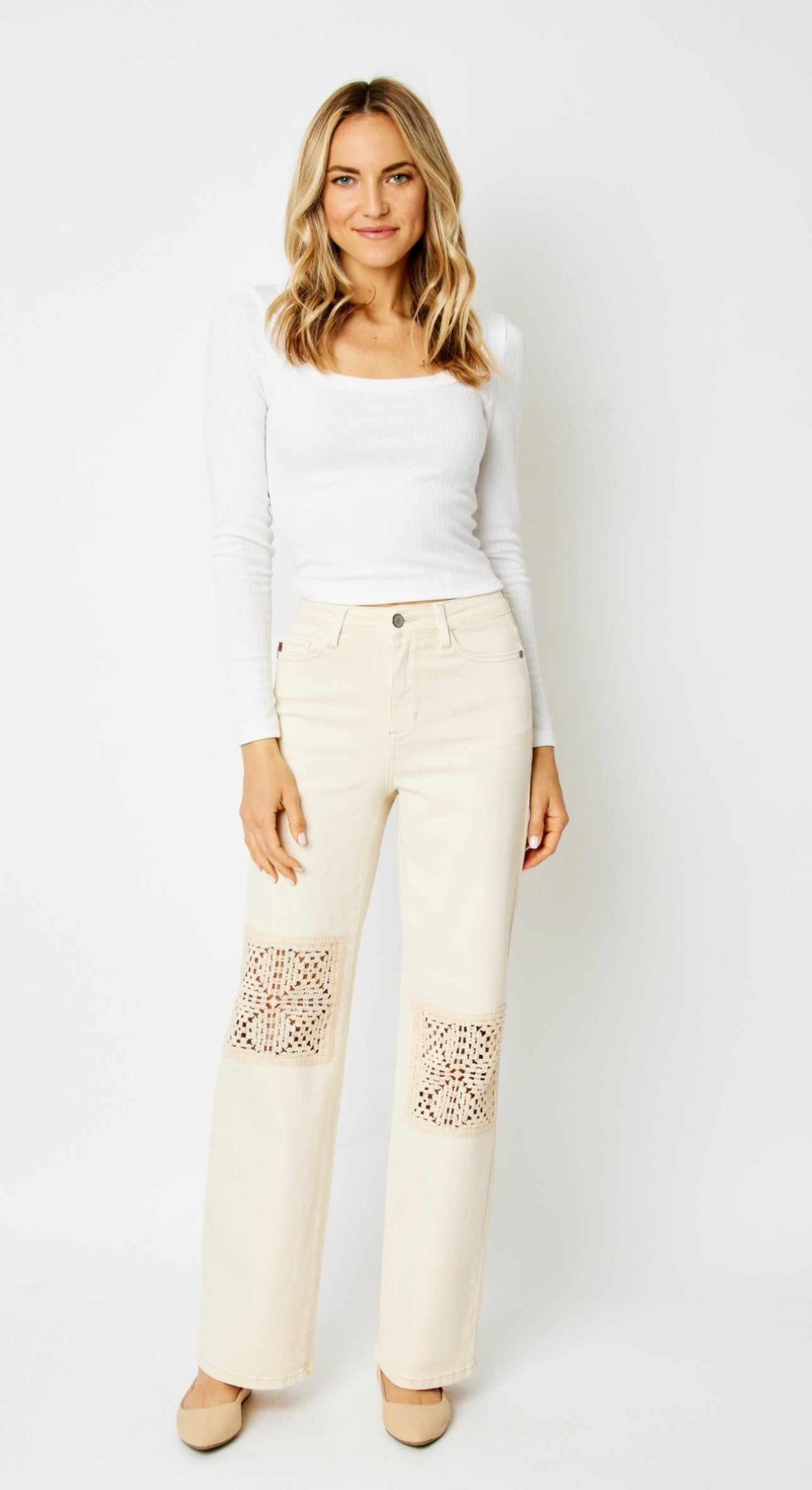 Judy Blue High Wasted Jeans - White with Crocket Patches