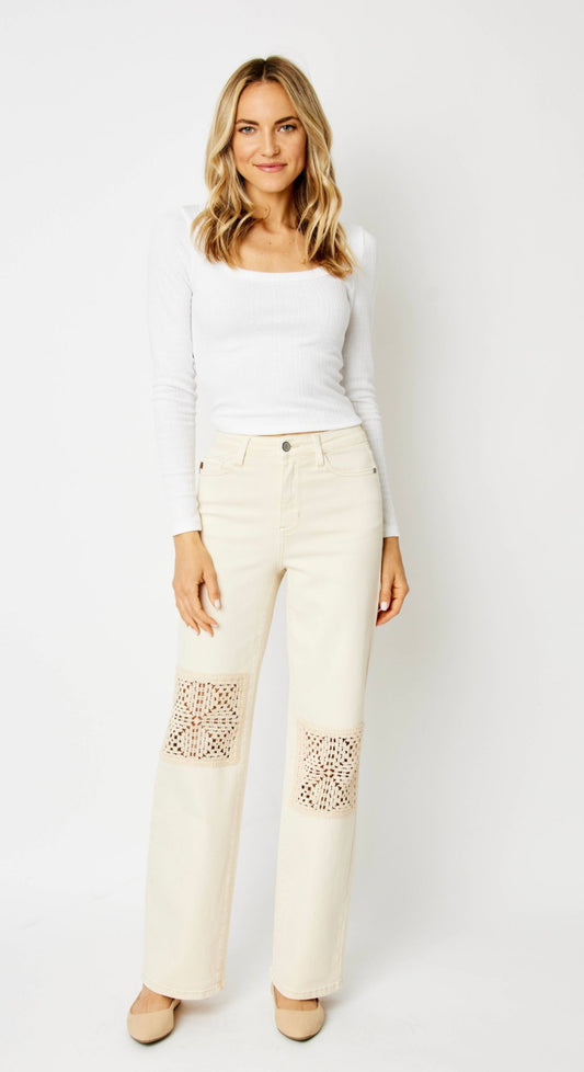 Judy Blue High Wasted Jeans - White with Crocket Patches