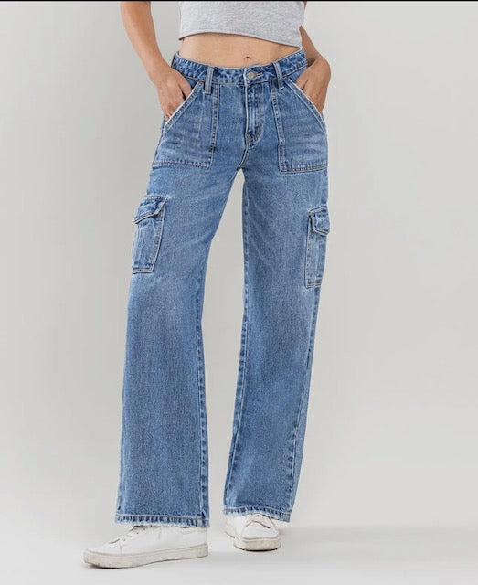 High Rise, Wide Leg, Cargo Jeans